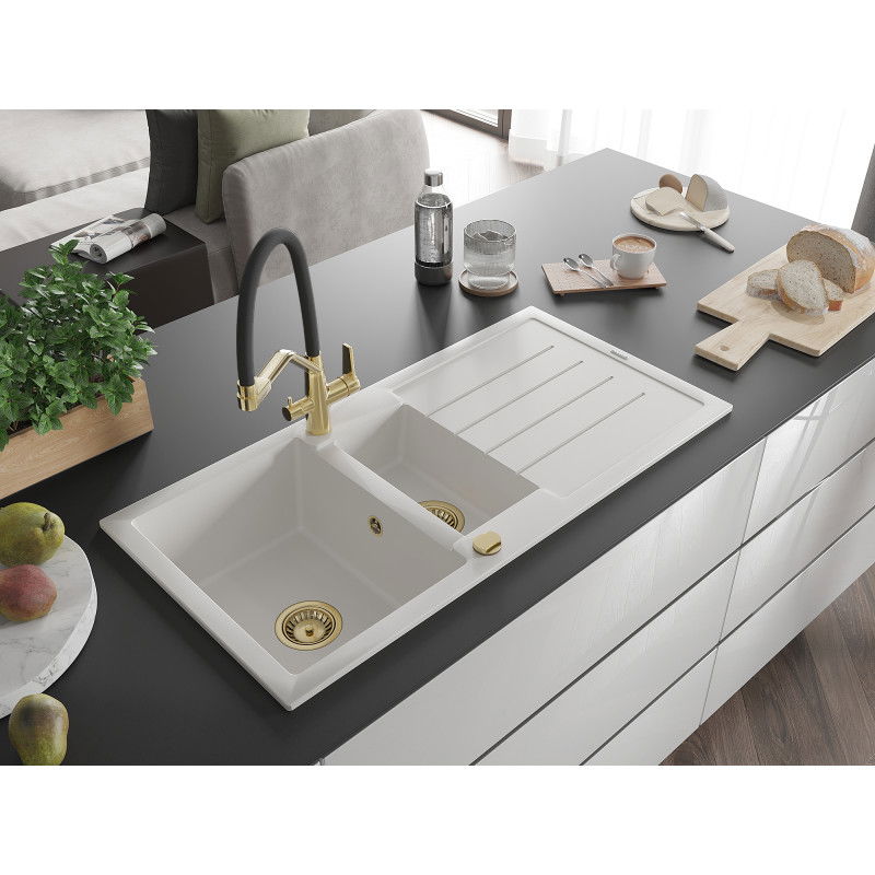Mexen Andres granite kitchen sink 1.5-bowl with drainer and Duo kitchen tap, white - 6515-20-671701-57-G