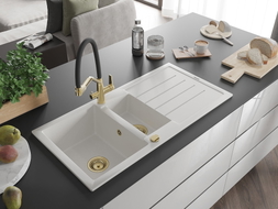 Mexen Andres granite sink 1.5-bowl with drainer and kitchen faucet Duo, white - 6515-20-671701-57-G
