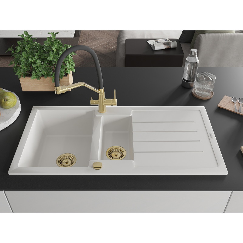 Mexen Andres granite sink 1.5-bowl with drainer and kitchen faucet Duo, white - 6515-20-671701-57-G