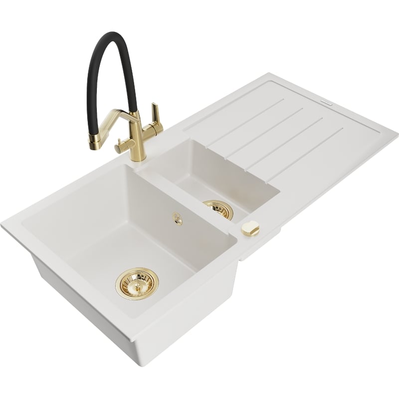 Mexen Andres 1.5-bowl granite kitchen sink with drainer and Duo kitchen faucet, white - 6515-20-671701-57-G