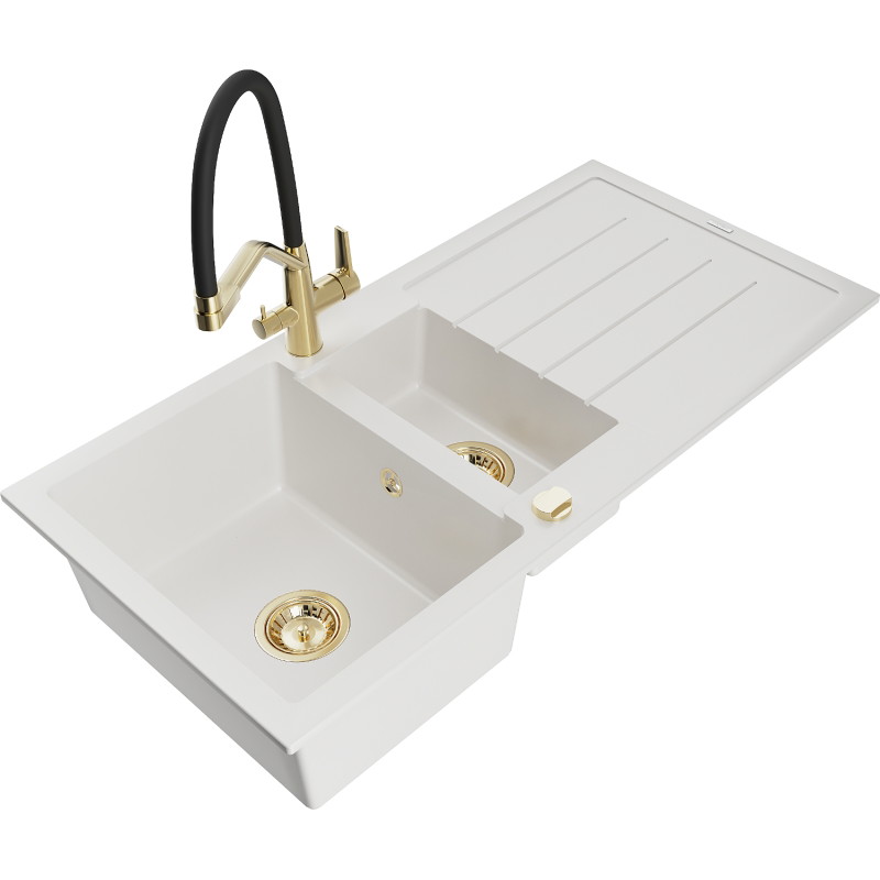 Mexen Andres granite sink 1.5-bowl with drainer and kitchen faucet Duo, white - 6515-20-671701-57-G