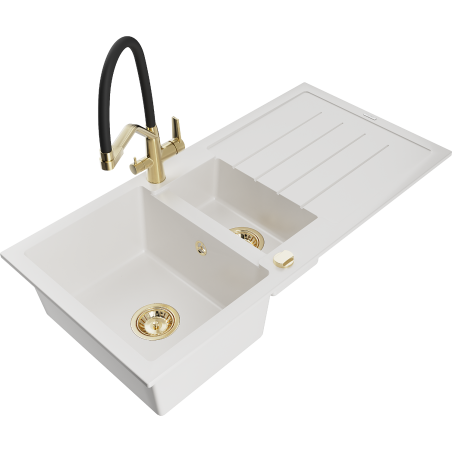Mexen Andres granite kitchen sink 1.5-bowl with drainer and Duo kitchen tap, white - 6515-20-671701-57-G