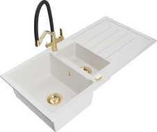 Mexen Andres 1.5-compartment granite sink with a drip tray and kitchen mixer tap Duo, white - 6515-20-671701-57-G