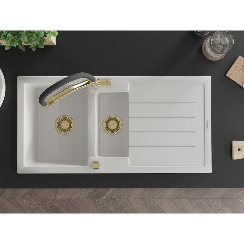 Mexen Andres granite kitchen sink 1.5-bowl with drainer and Duo kitchen tap, white - 6515-20-671701-57-G