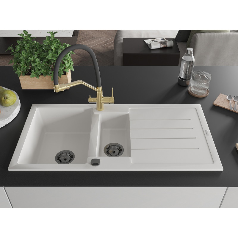 Mexen Andres granite kitchen sink 1.5-bowl with drainer and Duo kitchen faucet, white - 6515-20-671701-57-B