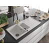 Mexen Andres granite sink 1.5-bowl with drainer and Duo kitchen tap, white - 6515-20-671701-57-B
