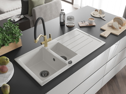 Mexen Andres 1.5-compartment granite sink with a drip tray and kitchen mixer tap Duo, white - 6515-20-671701-57-B