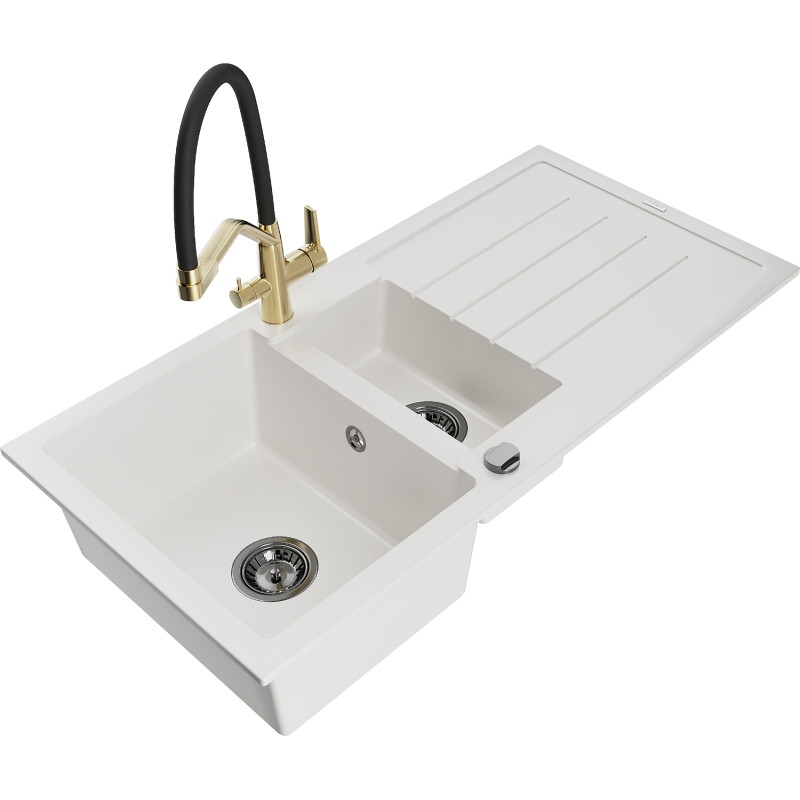 Mexen Andres 1.5-bowl granite sink with drainer and Duo kitchen faucet, white - 6515-20-671701-57-B