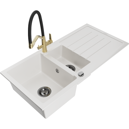 Mexen Andres granite kitchen sink 1.5-bowl with drainer and Duo kitchen faucet, white - 6515-20-671701-57-B