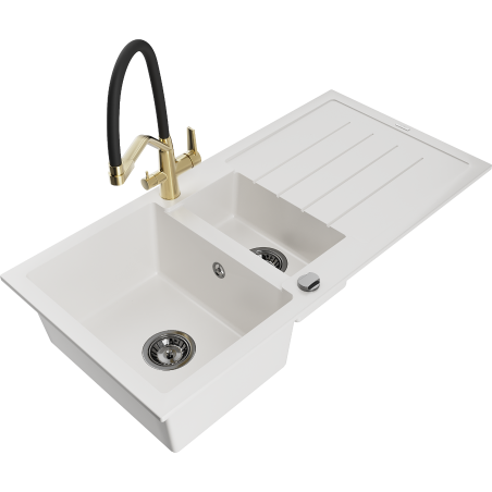 Mexen Andres granite sink 1.5-bowl with drainer and Duo kitchen tap, white - 6515-20-671701-57-B
