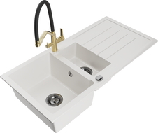 Mexen Andres granite kitchen sink 1.5-bowl with drainer and Duo kitchen faucet, white - 6515-20-671701-57-B