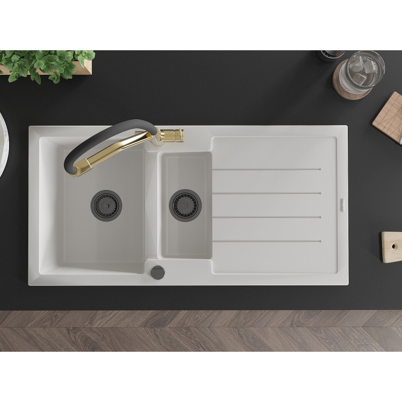 Mexen Andres granite kitchen sink 1.5-bowl with drainer and Duo kitchen faucet, white - 6515-20-671701-57-B