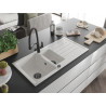 Mexen Andres granite sink 1.5-bowl with drainer and Duo kitchen faucet, white - 6515-20-671701-70-B