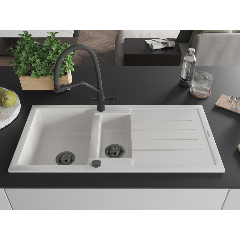 Mexen Andres 1.5-bowl granite sink with drainer and Duo kitchen faucet, white - 6515-20-671701-70-B