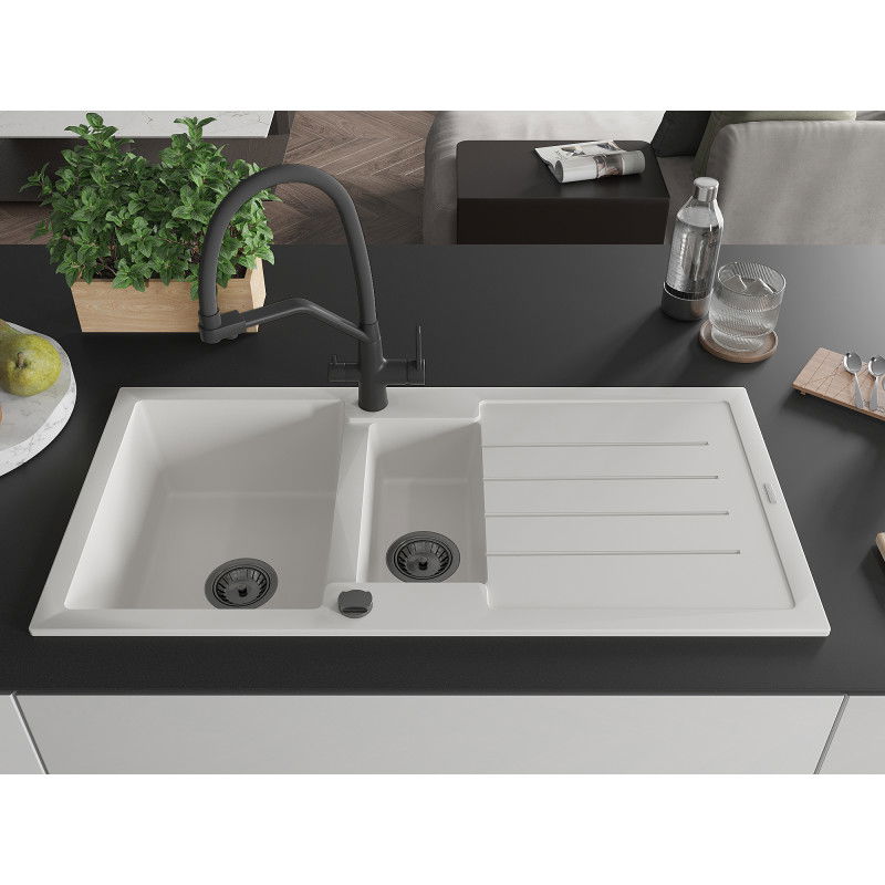 Mexen Andres granite sink 1.5-bowl with drainer and Duo kitchen tap, white - 6515-20-671701-70-B