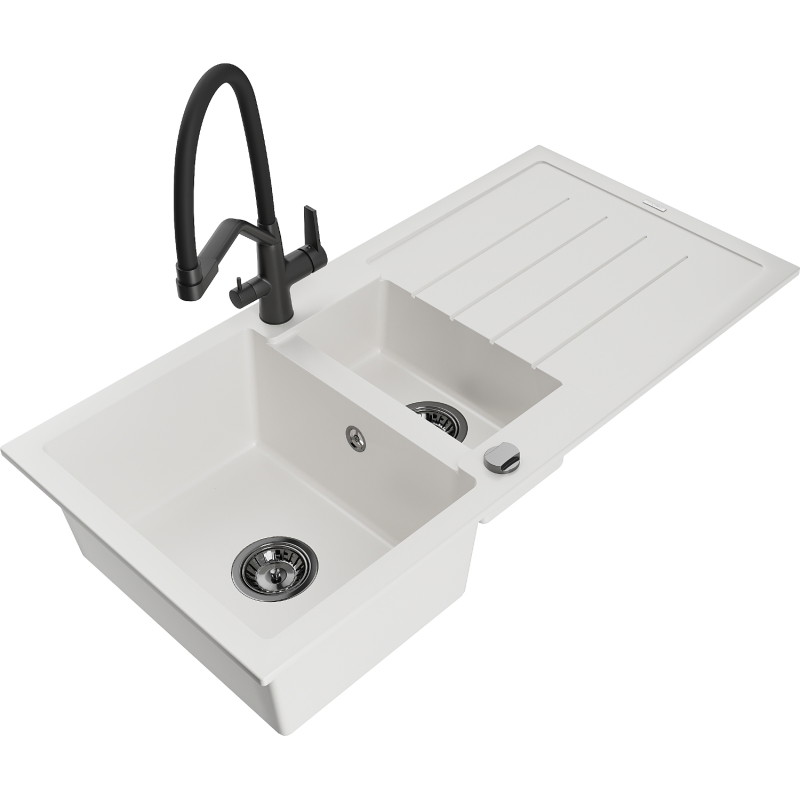 Mexen Andres granite sink 1.5-bowl with drainer and Duo kitchen faucet, white - 6515-20-671701-70-B