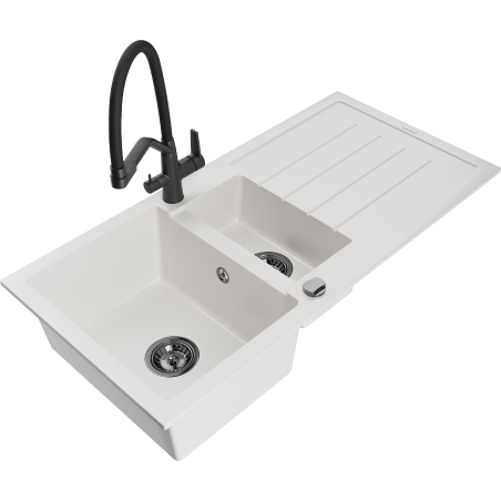 Mexen Andres 1.5-bowl granite sink with drainer and Duo kitchen faucet, white - 6515-20-671701-70-B