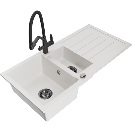 Mexen Andres granite sink 1.5-bowl with drainer and Duo kitchen tap, white - 6515-20-671701-70-B