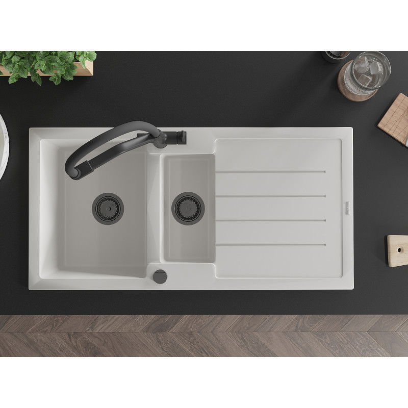 Mexen Andres granite sink 1.5-bowl with drainer and Duo kitchen tap, white - 6515-20-671701-70-B