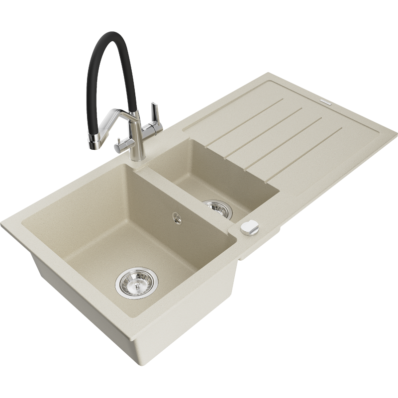 Mexen Andres 1.5-bowl granite sink with drainer and Duo kitchen tap, beige - 6515-69-671701-07
