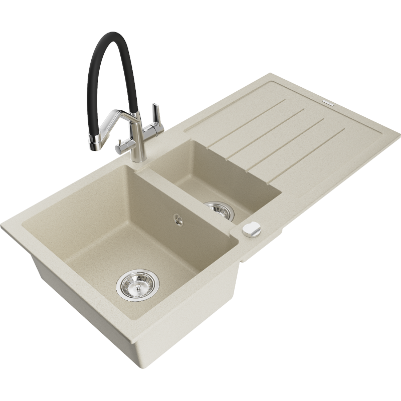 Mexen Andres 1.5-compartment granite sink with a drip tray and kitchen mixer tap Duo, Beige - 6515-69-671701-07