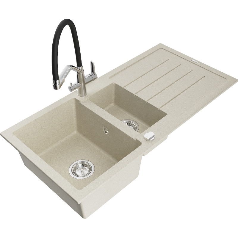 Mexen Andres granite sink 1.5-bowl with drainer and Duo kitchen faucet, beige - 6515-69-671701-07
