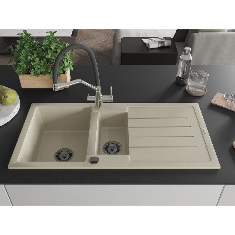 Mexen Andres 1.5-bowl granite kitchen sink with drainer and Duo kitchen faucet, beige - 6515-69-671701-07-B