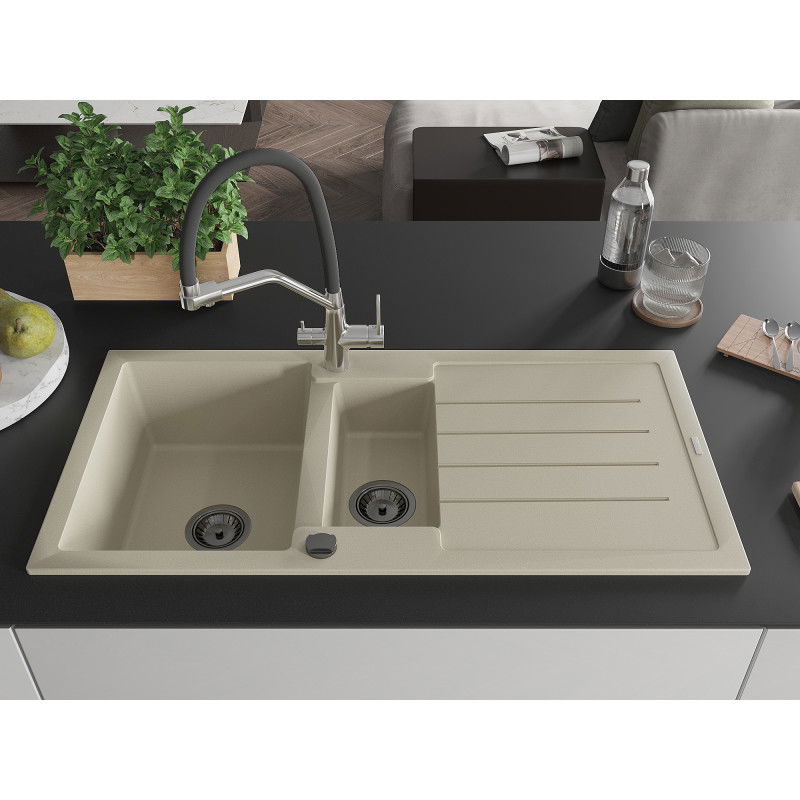 Mexen Andres 1.5-bowl granite sink with drainer and Duo kitchen tap, beige - 6515-69-671701-07-B