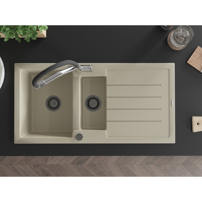 Mexen Andres 1.5-bowl granite kitchen sink with drainer and Duo kitchen faucet, beige - 6515-69-671701-07-B