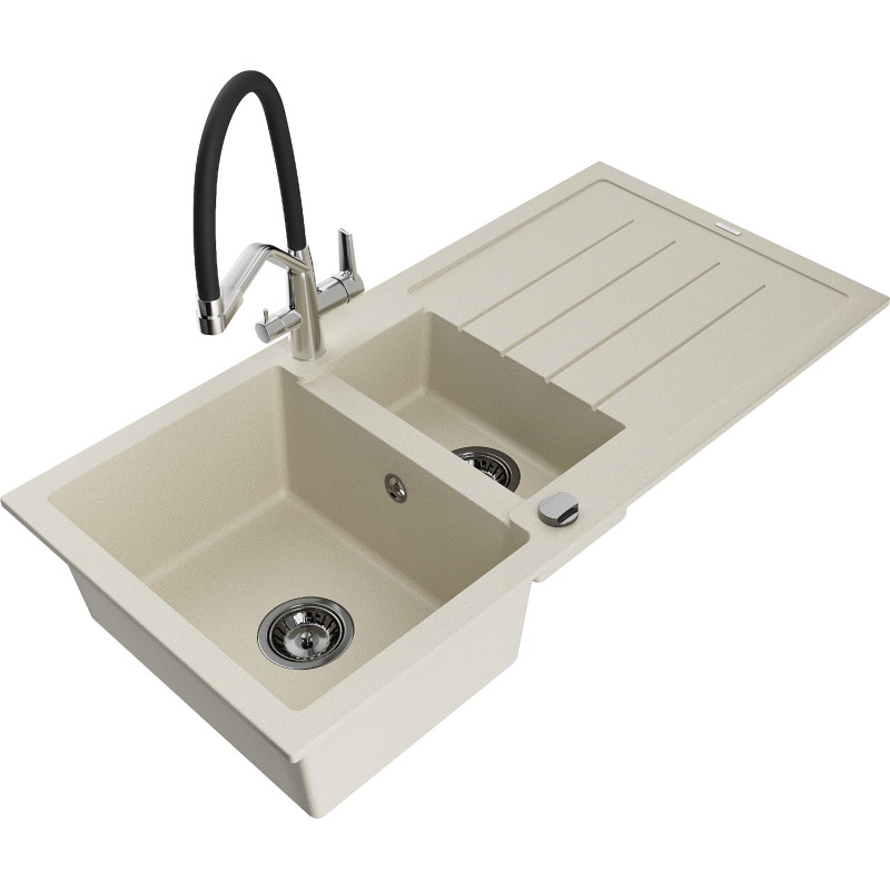 Mexen Andres 1.5-bowl granite kitchen sink with drainer and Duo kitchen faucet, beige - 6515-69-671701-07-B