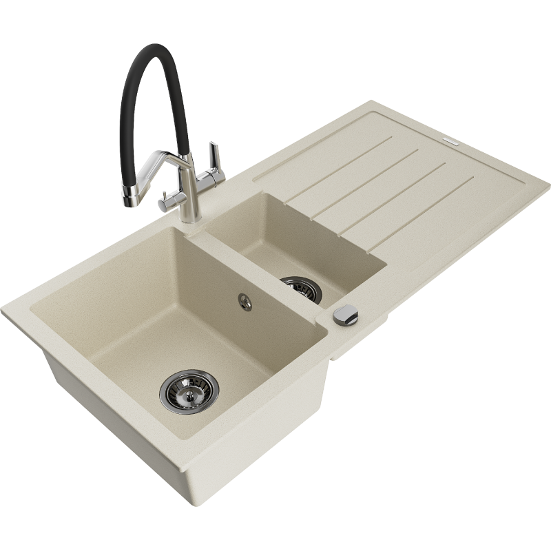 Mexen Andres 1.5-bowl granite sink with drainer and Duo kitchen tap, beige - 6515-69-671701-07-B