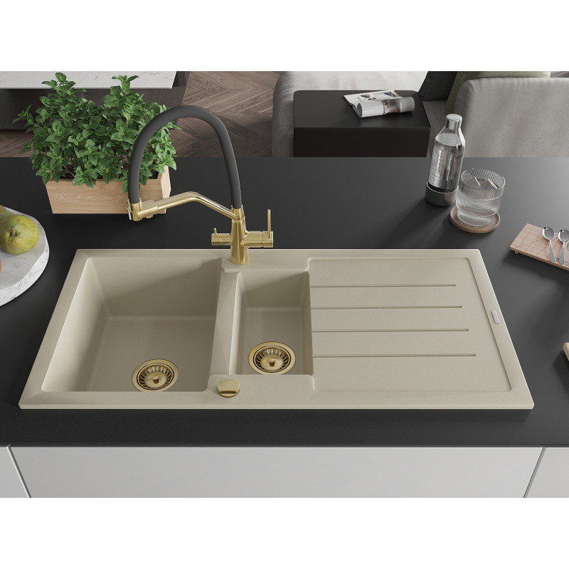 Mexen Andres granite sink 1.5-bowl with drainer and Duo kitchen faucet, beige - 6515-69-671701-57-G