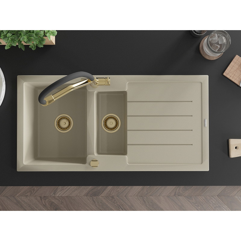 Mexen Andres 1.5-bowl Granite Sink with Drainer and Duo Kitchen Faucet, Beige - 6515-69-671701-57-G
