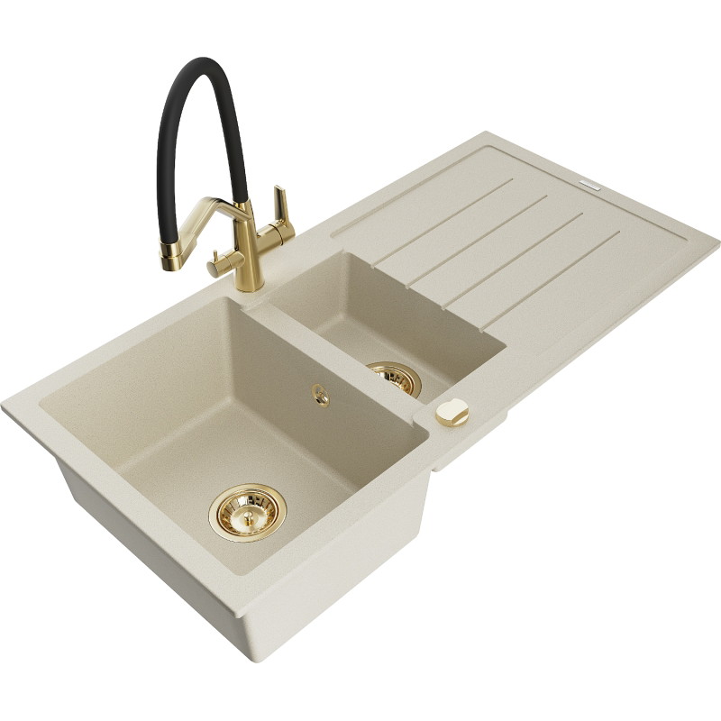 Mexen Andres 1.5-bowl Granite Sink with Drainer and Duo Kitchen Faucet, Beige - 6515-69-671701-57-G
