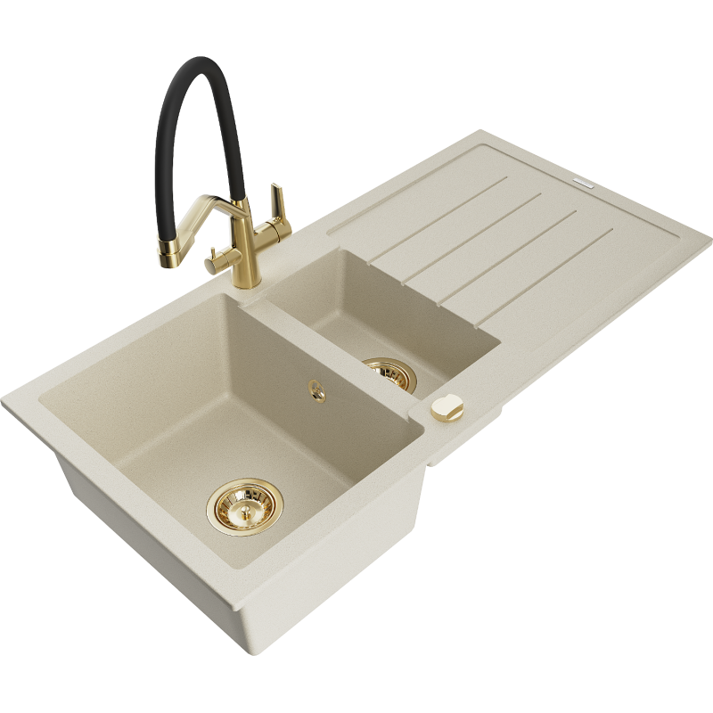 Mexen Andres 1.5-bowl granite sink with drainer and Duo kitchen tap, beige - 6515-69-671701-57-G