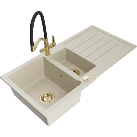 Mexen Andres 1.5-bowl granite sink with drainer and Duo kitchen tap, beige - 6515-69-671701-57-G