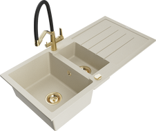 Mexen Andres granite sink 1.5-bowl with drainer and Duo kitchen faucet, beige - 6515-69-671701-57-G