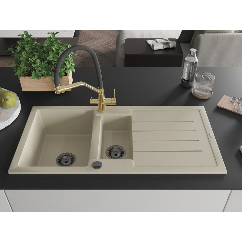 Mexen Andres granite sink 1.5-basin with drainer and Duo kitchen faucet, beige - 6515-69-671701-57-B