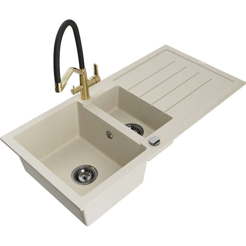 Mexen Andres granite sink 1.5-basin with drainer and Duo kitchen faucet, beige - 6515-69-671701-57-B