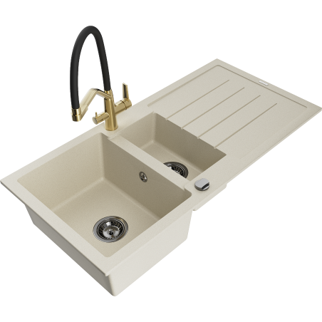 Mexen Andres 1.5-compartment granite sink with a drip tray and kitchen mixer tap Duo, Beige - 6515-69-671701-57-B
