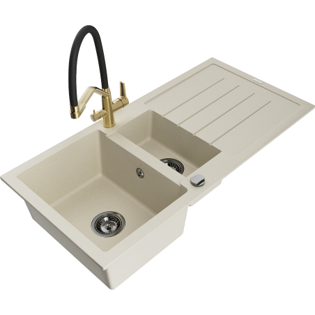 Mexen Andres granite sink 1.5-bowl with drainer and Duo kitchen tap, beige - 6515-69-671701-57-B
