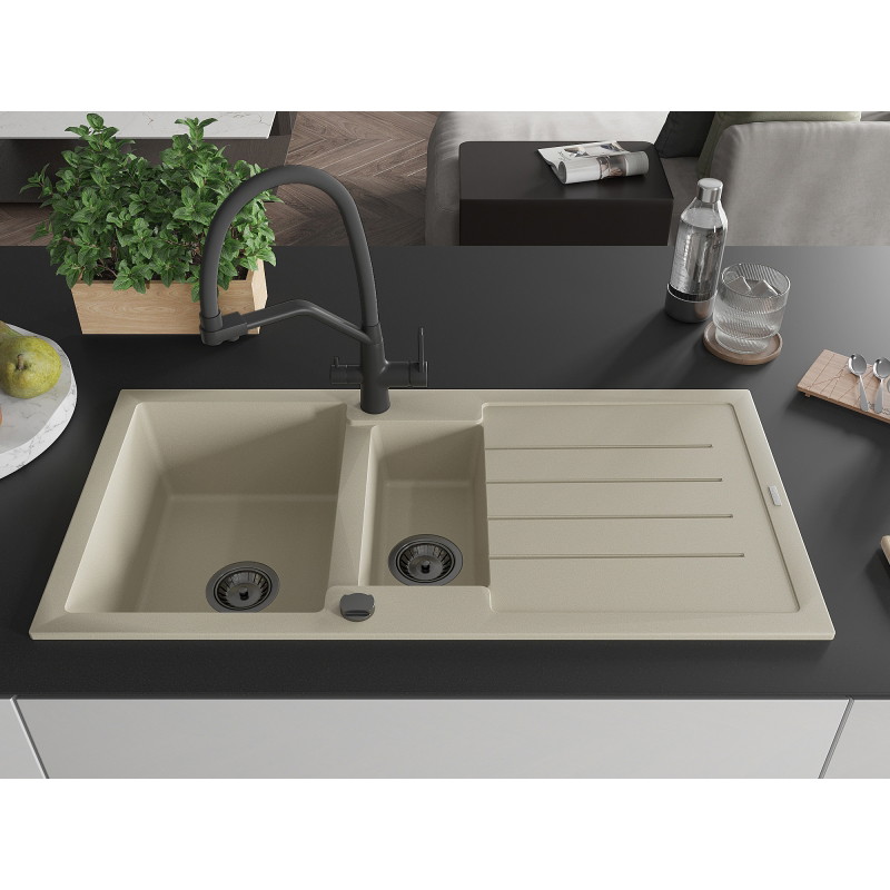 Mexen Andres granite sink 1.5-bowl with drainer and kitchen faucet Duo, beige - 6515-69-671701-70-B