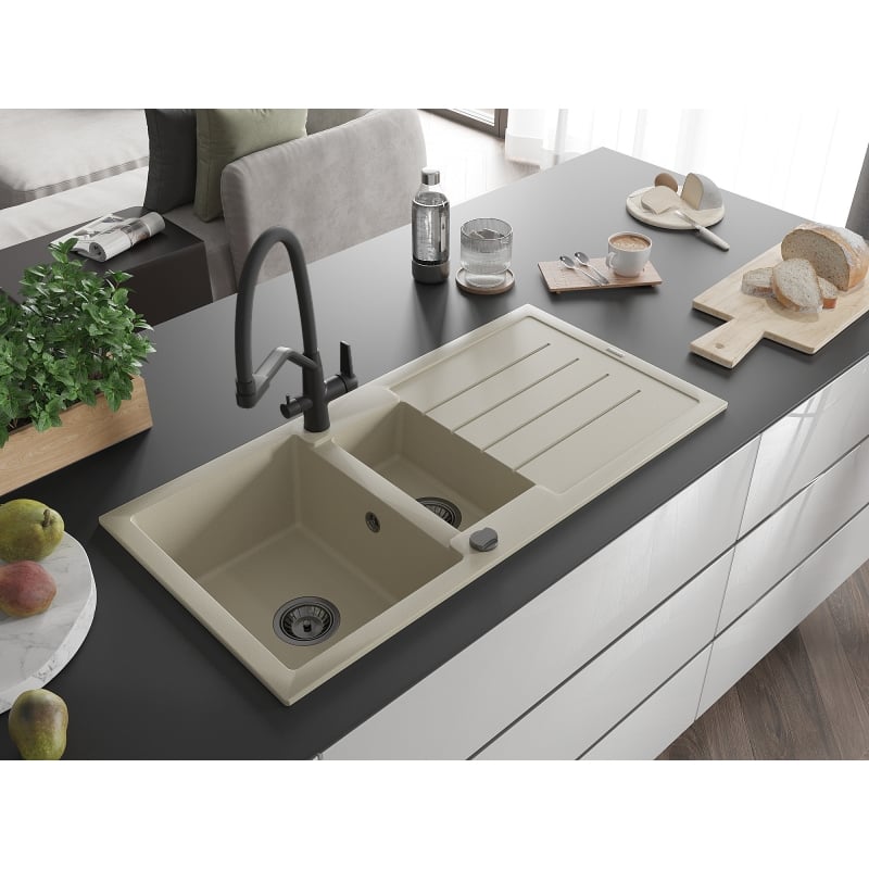 Mexen Andres 1.5-bowl granite kitchen sink with drainer and Duo kitchen faucet, beige - 6515-69-671701-70-B