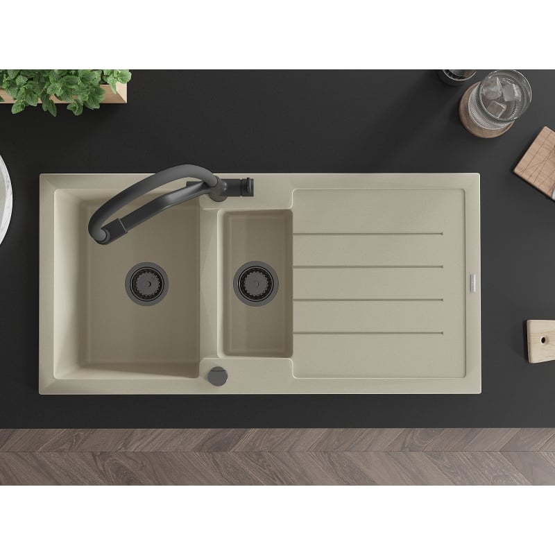 Mexen Andres 1.5-bowl granite kitchen sink with drainer and Duo kitchen faucet, beige - 6515-69-671701-70-B