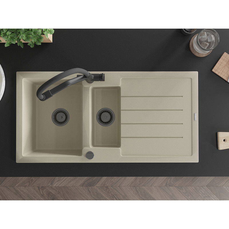 Mexen Andres granite sink 1.5-bowl with drainer and Duo kitchen tap, beige - 6515-69-671701-70-B