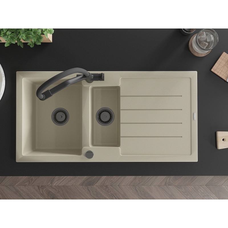 Mexen Andres granite sink 1.5-bowl with drainer and kitchen faucet Duo, beige - 6515-69-671701-70-B