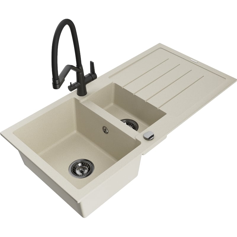 Mexen Andres 1.5-bowl granite kitchen sink with drainer and Duo kitchen faucet, beige - 6515-69-671701-70-B