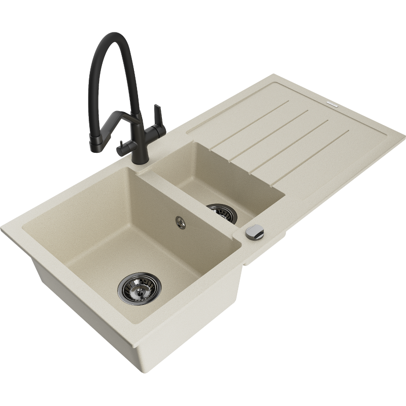 Mexen Andres 1.5-compartment granite sink with a drip tray and kitchen mixer tap Duo, Beige - 6515-69-671701-70-B