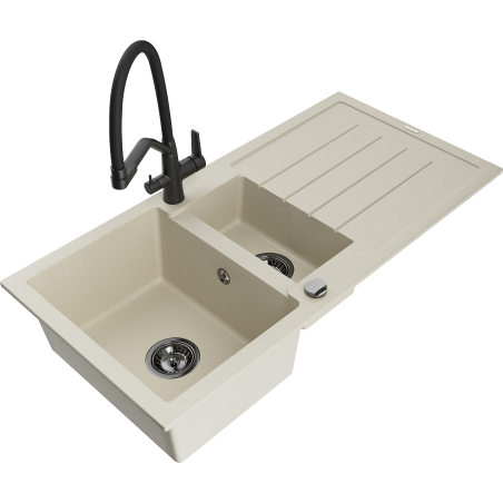 Mexen Andres 1.5-bowl granite kitchen sink with drainer and Duo kitchen faucet, beige - 6515-69-671701-70-B