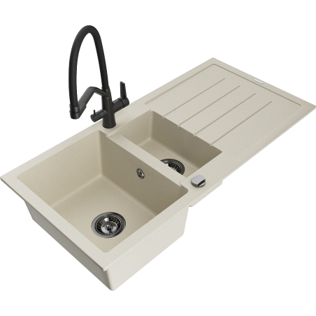 Mexen Andres 1.5-compartment granite sink with a drip tray and kitchen mixer tap Duo, Beige - 6515-69-671701-70-B